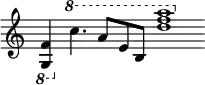 \header{ title = "Hessischer Rundfunk" }

% https://www.intervalsignals.net/sounds/ger-z-hr_rvd_c1975.mp3
{
  \set Staff.midiInstrument = "electric piano 1"
  \omit Staff.TimeSignature \cadenzaOn 
  \ottava -1
  <g, f>4\omit\sustainOn 
  \ottava 1
  c'''4.*5/6 a''8*3/2[ e''8 b'8*3/2]
  <a''' f''' d'''>1
}
\midi{\tempo 4 = 72}
