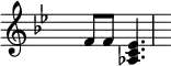 \relative
{ \set Score.tempoHideNote = ##t \tempo 4 = 80 \set Staff.midiInstrument = #"vibraphone"
\key bes \major
\time 2/4 \hide Staff.TimeSignature
f'8 f8 <aes, c es>4.
}