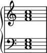 \new PianoStaff <<
\omit Score.TimeSignature
\new Staff { <f' a' c''>1 }
\new Staff { \clef bass <c e g>1 }
>>