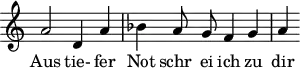 
\version "2.18.2"
\header {
  tagline = ##f
}
\score {
  \new Staff \with {
    \remove "Time_signature_engraver"
  }
<<
  \relative c'' {
    \key c \major
    \time 4/4
    \override TupletBracket #'bracket-visibility = ##f 
    \autoBeamOff
     %%% Luther, chorale Aus tiefer Not schrei ich zu dir
     a2 d,4 a' | bes a8 g f4 g | a
  }
  \addlyrics {
     Aus tie- fer Not schr_ ei ich zu dir
  }
>>
  \layout {
    \context {
      \remove "Metronome_mark_engraver"
    }
  }
  \midi { \tempo 4 = 66 }
}
