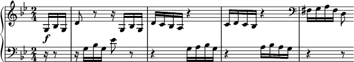\relative c' {
\new PianoStaff <<
\new Staff {
\key g \minor \time 2/4 \set Score.tempoHideNote = ##t \tempo %{ "Allegro." %} 4=116 \partial 8.
g16\f bes g d'8 r r16 g,16 bes g d' c bes a r4
c16 d c bes r4 \clef bass fis16 g a fis d8
}
\new Staff { \key g \minor \time 2/4 \clef bass
r16 r8 r16 g bes g es'8 r8 r4 g,16 a bes g r4 a16 bes a g r4 r8
}
>>
}