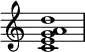 {
\override Score.TimeSignature #'stencil = ##f
\relative c' {
\clef treble
\time 4/4
\key c \major
<c e g a d>1
} }