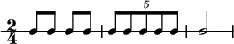  \new RhythmicStaff {
   \clef percussion
   \time 2/4
   \set Score.tempoHideNote = ##t \tempo 4 = 100
   c8 c c c
   \tuplet 5/4 { c8 c c c c }
   c2
}
