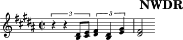 \header{tagline=##f title="NWDR"}
% https://youtu.be/0xAWEL6mnZI
% Mvt.1 b.112
main = \relative{
  \set Staff.midiInstrument = "french horn"
  \set midiMaximumVolume = #0.9 \key b \major \time 2/2
  \tuplet 3/2 2{r4 r <dis' b>8-. <e cis>-. <fis dis>4-. <dis b>-. <gis e>-.} <fis dis>2*2/3
}
acco = {
  \set Staff.midiInstrument = "timpani"
  \set midiMaximumVolume = #0.8 \clef bass \omit Dots
  \repeat tremolo 24 b,16*2/3 b,2
}
\score{{\omit Script \main}}
\score{<<\main \new Staff \unfoldRepeats \acco>> \midi{\tempo 2=60}}
