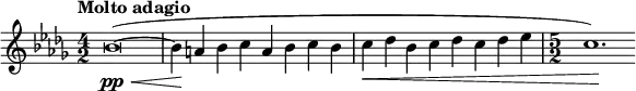 \relative c'' { \set Staff.midiInstrument = #"string ensemble 1" \clef treble \key bes \minor \time 4/2 \tempo "Molto adagio" \override Hairpin.to-barline = ##f
bes\breve(~\pp\< | bes4\! a bes c a bes c bes | c\< des bes c des c des ees | \time 5/2 c1.\!) }