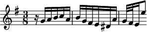 
\version "2.18.2"
\header {
  tagline = ##f
}

\score {
  \new Staff \with {

  }
<<
  \relative c'' {
    \key e \minor
    \time 3/8
    \override TupletBracket.bracket-visibility = ##f

     %% INCIPIT CBT II-10, BWV 879, mi mineur
      r16 g a b c a b g fis e dis a' | g32[ fis e16 e'8]
  }
>>
  \layout {
     \context { \Score \remove "Metronome_mark_engraver" \override SpacingSpanner.common-shortest-duration =
        #(ly:make-moment 1/2) }
  }
  \midi {}
}
