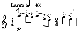 \relative{ \set Staff.midiInstrument = #"string ensemble 1" \compoundMeter #'((4 4)) \tempo "Largo" 4 = 48 \ottava #1 a'''4~\flageolet_\p( a8\flageolet g\flageolet) a4(\flageolet e8\flageolet d\flageolet) | \time 2/4 g4(\flageolet e)\flageolet }