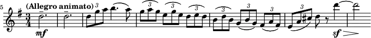 \relative c'' \new Staff {
\key g \major \time 3/4 \clef treble
\set Staff.midiInstrument = "violin"
\set Score.tempoHideNote = ##t \tempo "(Allegro animato)" 4 = 180
\set Score.currentBarNumber = #5 \bar ""
\set tupletSpannerDuration = #(ly:make-moment 1 4)
\override TupletBracket #'direction = #1
d2.--\mf | d-- | \times 2/3 { d8 g a } b4. ( a8) |
\times 2/3 { g( a g) e( g e) d( e d) |
\once \override TupletBracket #'Y-offset = #1.5 b( d b) g( b g) fis( a fis) |
\override Hairpin #'to-barline = ##f
e( a cis) } d r d'4\sf\> ~ d2\!
}
