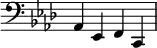 \header{ title = "Bayerischer Rundfunk" }

% https://rias1.de/audiokennung.htm#:~:text=München
{
  \set Staff.midiInstrument = "orchestral harp"
  \set midiMaximumVolume = #1.3
  \key as \major \clef bass
  \omit Staff.TimeSignature  
  as, es, f, c,
}
\midi {\tempo 4 = 38}
