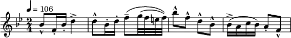 
\relative c'' { 
  \set Staff.midiInstrument = #"flute"
  \key bes \major
  \time 2/4
  \tempo 4 = 106
  bes8-^ f16-. bes-. d4-> | d8-^ bes16-. d-. f8\(-- g32( f e f)\) | bes8-^ f-^ d-^ bes-^ | bes16(-> a c bes) a8-. f-^
}
