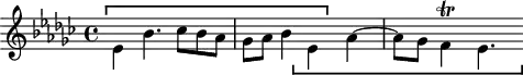 
\version "2.18.2"
\header {
  tagline = ##f
}
\score {
  \new Staff \with {}
<<
  \relative c'' {
    \clef treble
    \key ees \minor
    \time 4/4
     %% SUBJECT fugue CBT I-8, BWV 853, D-sharp minor
    \stemDown ees,4^\markup { \stencil #(ly:bracket X '(-1 . 28) 0.2 -1) } bes'4. ces8 bes aes | ges aes bes4 ees,_\markup { \stencil #(ly:bracket X '(-2 . 28) 0.2 1) } aes~ aes8 ges f4\trill ees4.
  }
>>
  \layout {
     \context { \Score \remove "Metronome_mark_engraver" 
     \consists "Horizontal_bracket_engraver"
     }
  }
  \midi {} 
}

