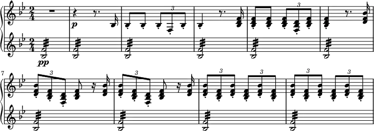 { \new PianoStaff <<
\new Staff \relative bes { \set Staff.midiInstrument = #"piano" \key bes \major \clef treble \time 2/4 \set Score.tempoHideNote = ##t \tempo 4 = 126
R2 | % 2
r4 \p r8. bes16 | % 3
bes8 -. bes8 -. \once \override TupletBracket #'stencil = ##f
\times 2/3 {
bes8 -. f8 -. bes8 -.
}
| % 4
bes4 -. r8. <bes d f>16 | % 5
<bes d f>8 -. <bes d f>8 -. \once \override TupletBracket #'stencil
= ##f
\times 2/3 {
<bes d f>8 -. <f bes d>8 -. <bes d f>8 -.
}
| % 6
<bes d f>4 -. r8. <d f bes>16 | % 7
\once \override TupletBracket #'stencil = ##f
\times 2/3 {
<d f bes>8 -. <bes d f>8 -. <f bes d>8 -.
}
<bes d f>8 r16 <d f bes>16 | % 8
\once \override TupletBracket #'stencil = ##f
\times 2/3 {
<d f bes>8 -. <bes d f>8 -. <f bes d>8 -.
}
<bes d f>8 r16 <d f bes>16 | % 9
\once \override TupletBracket #'stencil = ##f
\times 2/3 {
<d f bes>8 -. <bes d f>8 -. <d f bes>8 -.
}
\once \override TupletBracket #'stencil = ##f
\times 2/3 {
<bes d f>8 -. <d f bes>8 -. <bes d f>8 -.
}
|
\once \override TupletBracket #'stencil = ##f
\times 2/3 {
<d f bes>8 -. <bes d f>8 -. <d f bes>8 -.
}
\once \override TupletBracket #'stencil = ##f
\times 2/3 {
<bes d f>8 -. <d f bes>8 -. <bes d f>8 -.
}
}
\new Staff \relative bes { \set Staff.midiInstrument = #"piano" \key bes \major \clef treble \time 2/4
<bes f'>2 \pp :32| % 2
<bes f'>2 :32 | % 3
<bes f'>2 :32 | % 4
<bes f'>2 :32 | % 5
<bes f'>2 :32 | % 6
<bes f'>2 :32 | % 7
<bes f'>2 :32 | % 8
<bes f'>2 :32 | % 9
<bes f'>2 :32 | \barNumberCheck #10
<bes f'>2 :32 }
>> }