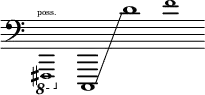 {
\new Staff \with { \remove "Time_signature_engraver" }
\clef bass \key c \major \cadenzaOn
\ottava #-1 \tweak font-size #-2 fis,,,1 \finger \markup \text "poss."
\ottava #0 c,,1 \glissando d'1
\tweak font-size #-2 f'1
}