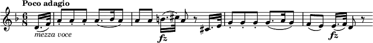  { \relative d' { \key d \minor \time 6/8
\tempo "Poco adagio"
\tempo 4 = 45
\partial 8 d16.( _\markup { \italic "mezza voce" } f32) | a8-. a-. a-. a8.( bes16 a8) |
a8[ a] b16.( \fz cis32) a8 r cis,16. e32) | g8-. g-. g-. g8.( a16 g8) | f8([ e)] e16.( \fz f32) d8 r
}} \layout { \context {\Score \override SpacingSpanner.common-shortest-duration = #(ly:make-moment 1/16) }}