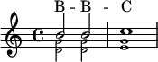 
% https://www.intervalsignals.net/sounds/ukg-bbcws_b_interval_signal_170701.mp3
<<
  \new Staff="bbc"<<
    {b'2 2 c''1}\\ \magnifyMusic 0.7{<g' d'>2 2 <g' e'>1}
  >>
  \new Lyrics \with{alignAboveContext="bbc"} \lyricsto "1"{B -- B -- C}
>>
\midi{\tempo 4=106 \set Staff.midiInstrument = "electric piano 1"}
