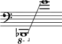  {
    \new Staff \with { \omit Score.TimeSignature }
    \key c \major \cadenzaOn
    \clef bass \ottava #-1 bes,,,1 \glissando s \ottava #0 g'
} 