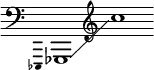  {
    \new Staff \with { \omit Score.TimeSignature }
    \key c \major \cadenzaOn
    \clef bass \omit Stem \grace { ees,,4 }
    ges,,1 \glissando \clef treble c''
} 