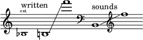 {
\new Staff \with { \remove "Time_signature_engraver" }
\clef treble \key c \major ^ \markup "written" \cadenzaOn
\tweak font-size #-2 bes1 \finger \markup \text "ext."
b1 \glissando f'''1
\clef bass ^ \markup "sounds" b,1 \glissando \clef treble f''1
}