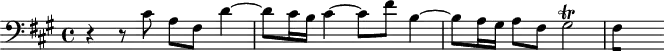 
\version "2.18.2"
\header { tagline = ##f }

\score {
  \new Staff \with { }
<<
  \relative c' { \clef bass \key fis \minor \time 4/4
    \set Staff.midiInstrument = #"harpsichord"
     %% SUJET fugue CBT II-14, BWV 883, fa-dièse mineur
     r4 r8 cis8 a fis d'4~ d8 cis16 b cis4~ cis8 fis b,4~ b8 a16 gis a8 fis gis2\trill
{ 
 % suppression des warnings :
 #(ly:set-option 'warning-as-error #f)
 #(ly:expect-warning (_ "stem does not fit in beam")) %% <= à traduire éventuellement
 #(ly:expect-warning (_ "beam was started here")) %% <= à traduire éventuellement
  \set stemRightBeamCount = #1
  fis4*1/2[ s]
}
}
>>
  \layout { \context { \Score \remove "Metronome_mark_engraver" } }
  \midi {}
}
