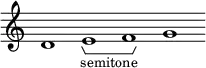 \new Staff \with { \consists Horizontal_bracket_engraver \remove "Time_signature_engraver" \remove "Bar_engraver" }
\relative c' {
d1 e -\tweak HorizontalBracketText.text "semitone" \startGroup f\stopGroup g}