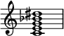 {
\override Score.TimeSignature #'stencil = ##f
\relative c' {
\clef treble \time 4/4
<c e g bes dis>1
} }