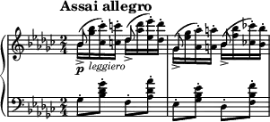 
\new PianoStaff <<
\new Staff = "Up" \with { \magnifyStaff #3/4 } <<
\new Voice \relative c' {
\clef treble
\key ges \major
\tempo "Assai allegro"
\set Score.tempoHideNote = ##t \tempo 4 = 112

\time 2/4
\stemDown
bes'16_> \p (<ges' bes>_\markup{\italic leggiero} <ces, ces'>-.) <c c'>-. des_> (<aes' des> <ees ees'>-.) <des des'>-. ges,_> (<ees' ges> <aes, aes'>-.) <a a'>-. bes_> (<f' bes> <ces! ces'!>-.) <bes bes'>-.
}
\new Voice \relative c' {
\stemUp
bes'8 s des s ges, s bes
}
>>
\new Staff = "Down" \with { \magnifyStaff #3/4 } <<
\new Voice \relative c{
\clef bass
\key ges \major
ges'8-. <bes des ges>-. f-. <aes des aes'>-. ees-. <ges bes ees>-. des-. <f bes f'>-.
}
>>
>>
