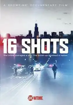 Dashcam image of the police confronting Laquan McDonald, below a view of the Chicago skyline