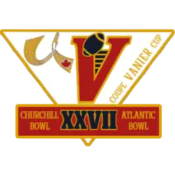 Emblem with a yellow border line and white background in a triangle portraying a V with a football with multiple texts