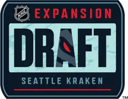 Logo of the 2021 NHL Expansion draft, featuring the NHL logo and the red words "expansion" at the top, the dark blue words "draft," with the "A" having part of the Seattle Kraken logo inside it, in a light blue background, and the dark blue words "Seattle Kraken" at the bottom