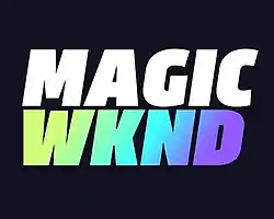 Stylised logo, "MAGIC WKND", multicoloured text on a navy background.