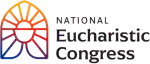 Line art of a stained glass window containing a chalice and host, with the words "National Eucharistic Congress"
