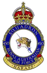 Royal Australian Air Force crest depicting a jaguar's head couped, pierced by a rapier in hand; the jaguar's head symbolises 'death and destruction wrought by the enemy'; the rapier symbolises 'offensive action taken by the squadron'; the motto beneath reads "Harass" based on the squadron's nickname 'The Desert Harassers'