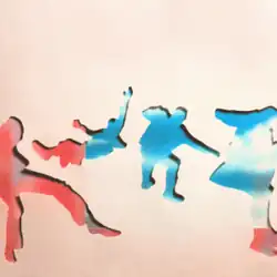 Red and blue silhouettes of each of the 5 Seconds of Summer members are depicted in free fall. They are placed against a beige backdrop.