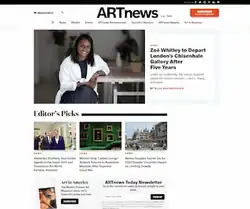 Screenshot of ARTnews website showing Zoé Whitley, with Editor Picks stories below it, the lower part is both a link to subscribe Art In America (ARTnews' sister publication) and a form to subscribe to the ARTnews Today Newsletter by email