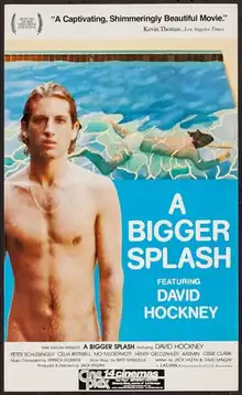Poster showing a nude man standing in front of a David Hockney painting of a submerged swimmer in a bright, stylised pool