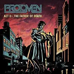 Act II The Father of Death's cover art. A man stands cradling a lifeless woman beneath a crimson sky. An ominous figure watches from above.