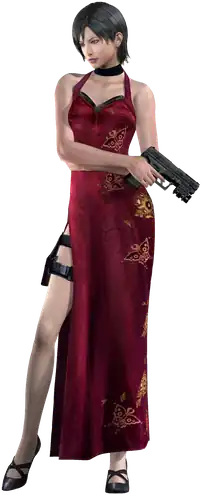 A woman wearing a red dress, a choker and high heels, and carrying a gun.