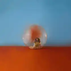 Alessia sits on an orange colored surface while encapsulated in a large transparent ball. The background is enveloped by a vast blue hue.
