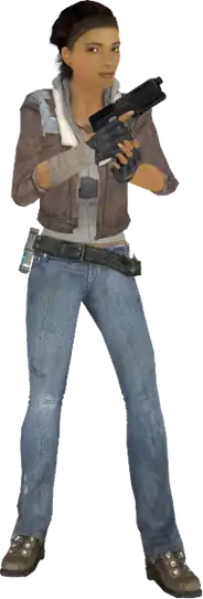 A young Afro-Asian woman with brown hair and light brown eyes. She is clad in a grey crop top, brown leather jacket, blue jeans, fingerless gloves and a small cubic necklace. The right shoulder of the jacket is held together with duct tape.