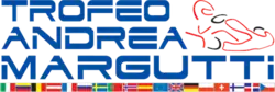 "Trofeo Andrea Margutti" in blue, sci-fi block capitals with a black-and-red outline of a kart racer to the right and 18 flags beneath