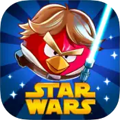 A square-shaped icon with a dark blue sun-glare background and sparkles. Luke Skywalker, portrayed by the Angry Birds character Red, faces forwards holding a lightsaber. The Star Wars logo is positioned below him in yellow.