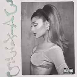 Cover art for "34+35": a greyscale portrait of Ariana Grande in a high ponytail, facing her right with her eyes closed
