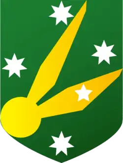 A green shield with a golden snitch in the centre surrounded by the southern cross.