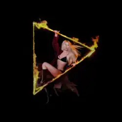 Max inside a flaming triangle, against black background