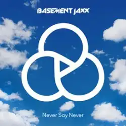 Single cover featuring three interlinked white circles forming a symbol on a blue sky background with clouds, with the artist name Basement Jaxx above and the single title Never Say Never below.