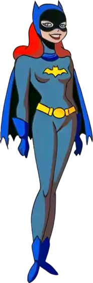 Typical depiction of Batgirl from Batman: The Animated Series: grey body-suit; blue scalloped gloves, cowl, and cape; yellow belt and bat-emblem.