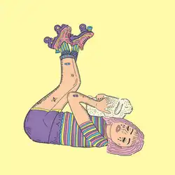 Cover art of Honeymoon: A crying girl with pink hair, multiple adhesive bandages, and roller skates lies on her back with her legs kicked up. She is holding a white rabbit on her chest.