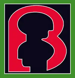 Two people's heads forming a "B" surrounded by red black and green