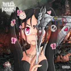 An anime version of Poarch having an eerie background behind her. Her robotic left arm is holding a dagger downwards which covers her left eye.