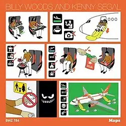 A series of panels, inspired by the visual style of airplane safety brochures, shows airline passengers performing behaviors such as grilling meat and rolling joints.